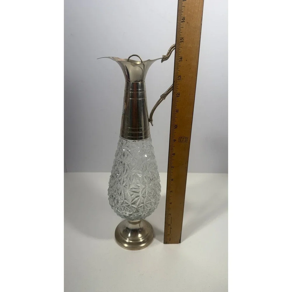 Vintage F. Lii Beccaro Cut Glass Crystal Decanter Silver Tone Pitcher Jug